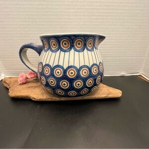 VTG Boleslawiec Polish Pottery Small Pitcher Castle Mark Blue Peacock Eye